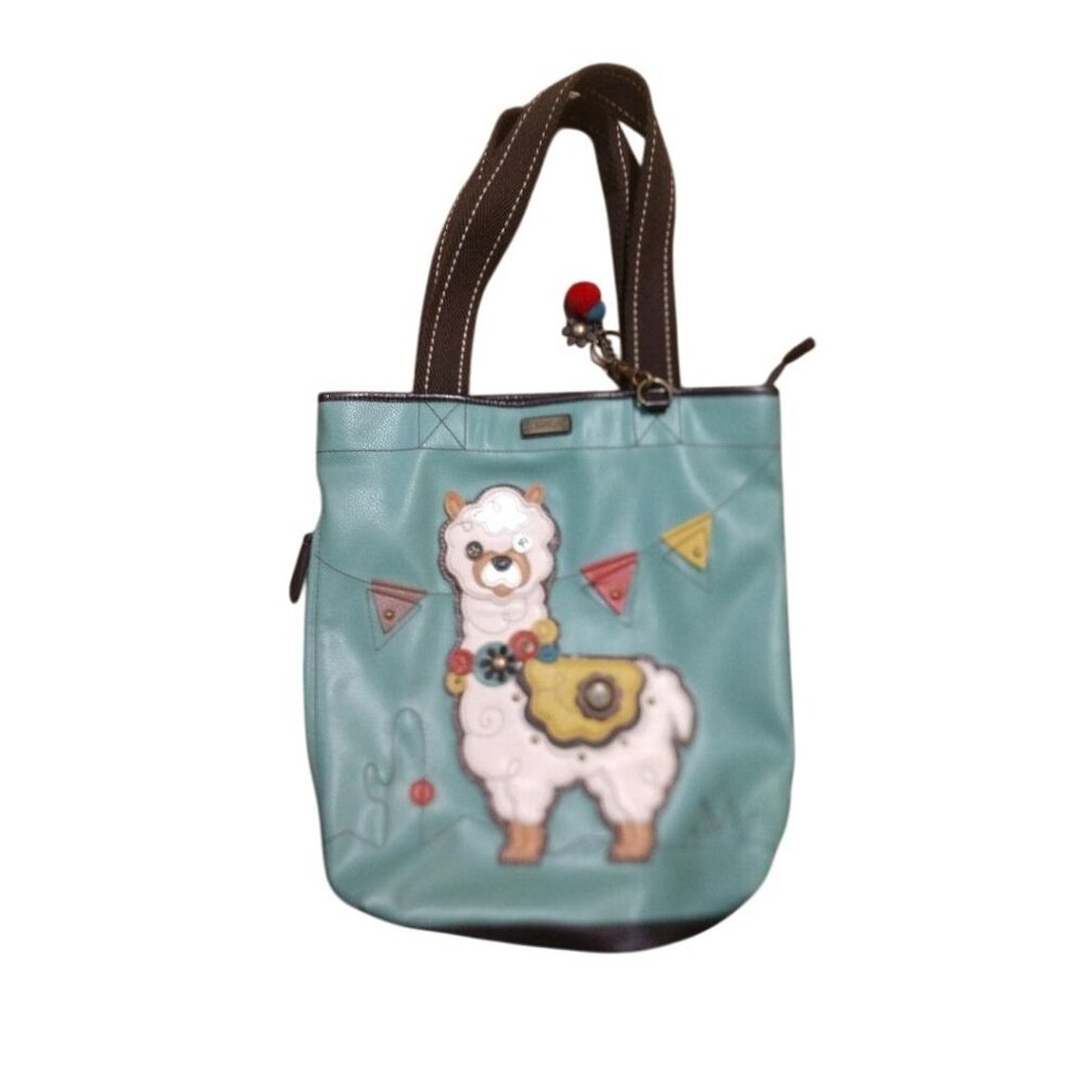 Chala Llama Tote Bag With Polka Dot Lining Vegan Leather Aqua & Brown Womens Han